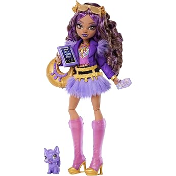Monster High Clawdeen Wolf Doll with Wolf Puppy | Werewolf with purple moto jacket, fur skirt, pet crescent and 7 accessories