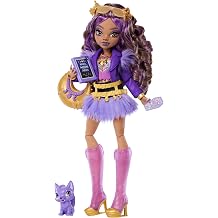 Monster High Clawdeen Wolf Doll with Wolf Puppy Werewolf with purple moto jacket fur skirt pet crescent and 7 accessories such as book croissant and bag JHK30