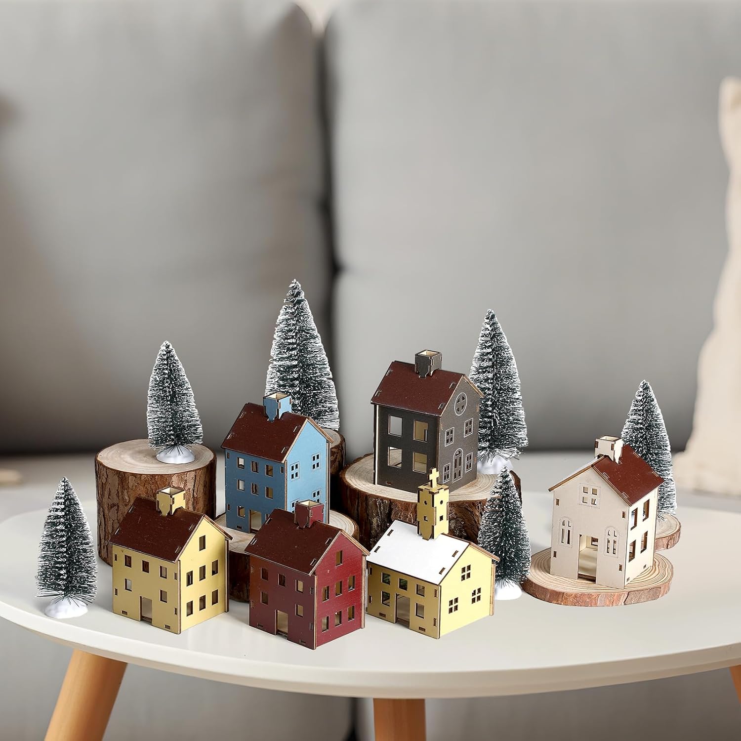 Yalikop 18pcs Easter Village Houses Wooden Village Set Colorful Houses and Multicolored Church with Electronic Candle Light and Tree for Winter Party Supplies and Holiday Figurines Gift