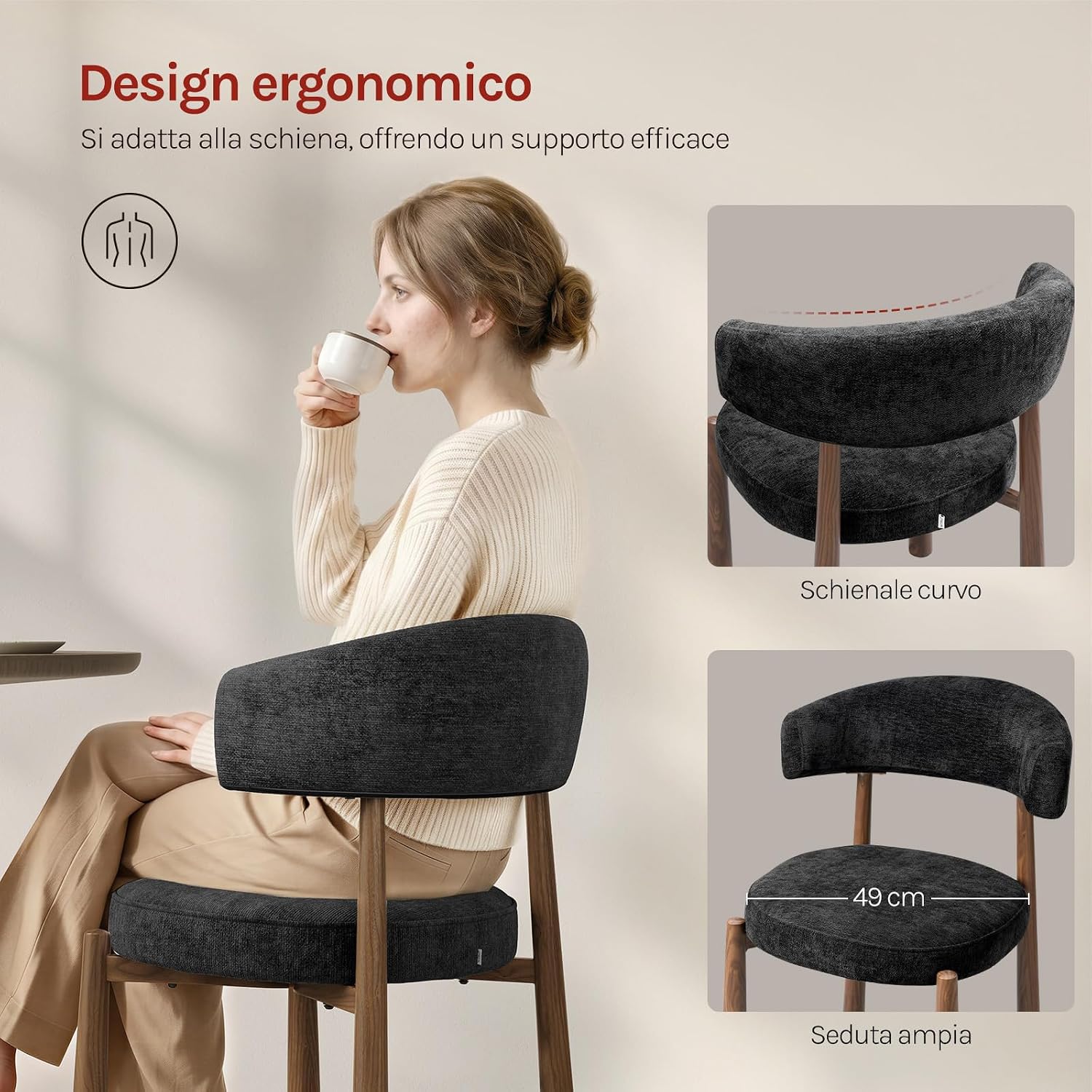 Woman sitting comfortably on a WOLTU chair, highlighting ergonomic design