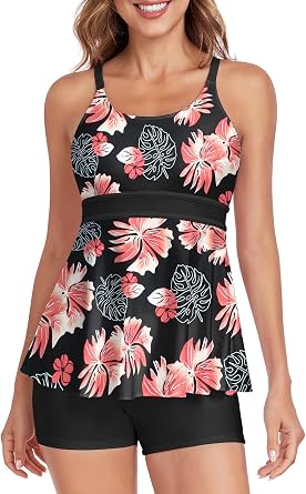 Tankini Swimsuits for Women Tummy Control Swimsuit Modest Tankini Top with Boyshort Bathing Suits Swimwear