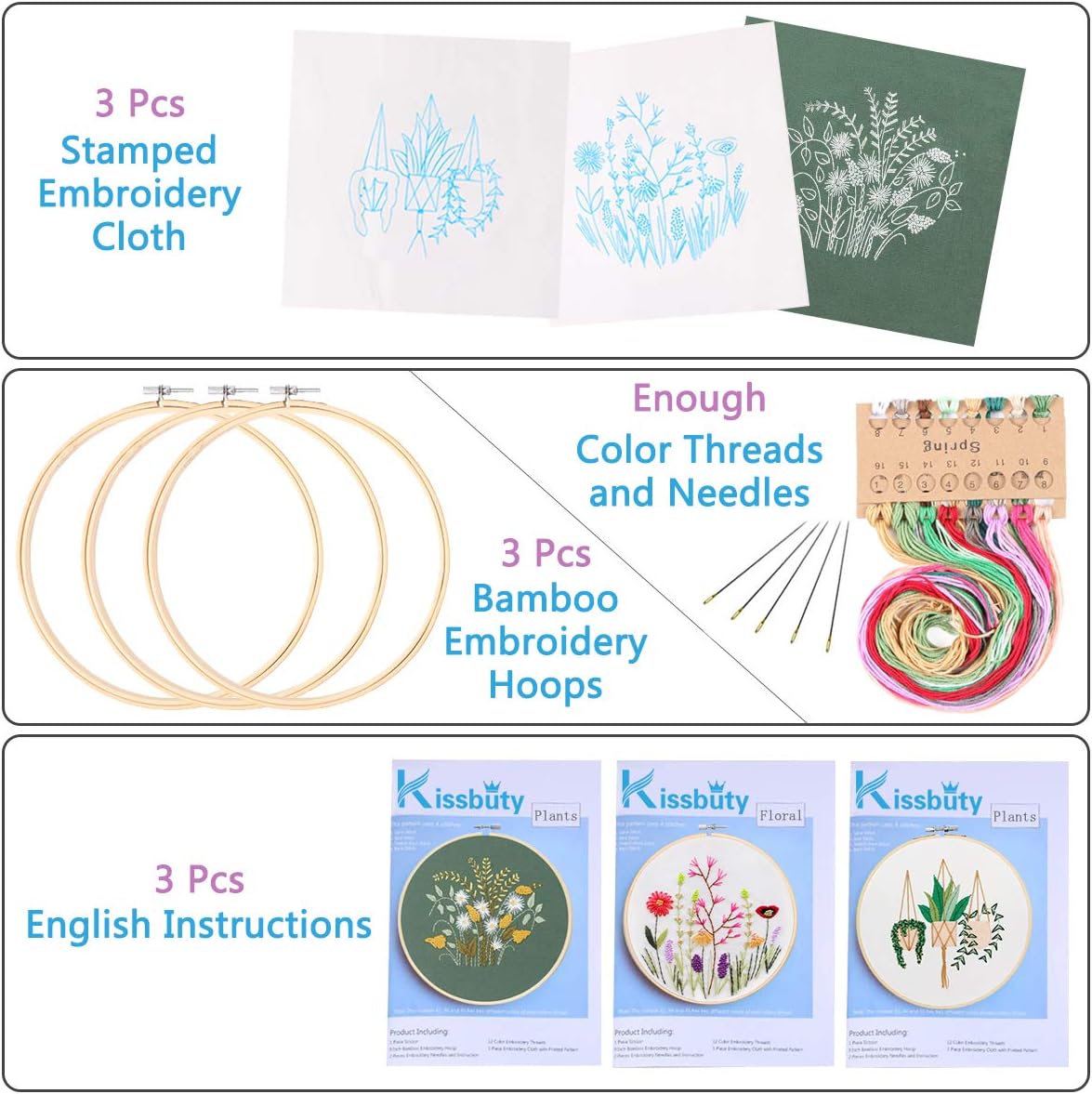 3 Pack Embroidery Starter Kit with Pattern, Kissbuty Full Range of Stamped Embroidery Kit Including Embroidery Fabric with Pattern, Bamboo Embroidery Hoops, Color Threads and Tools Kit (Floral Plants)