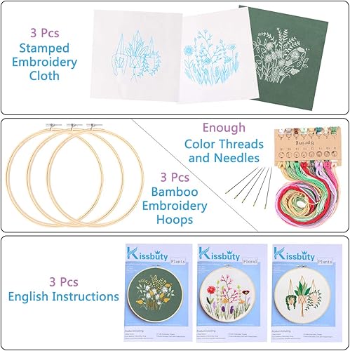 Miniatura 2 de Kissbuty - Juego de bordado para principiantes (paquete de 3), juego de bordado con estampados de gama completa, incluye paño de bordado con patrón,