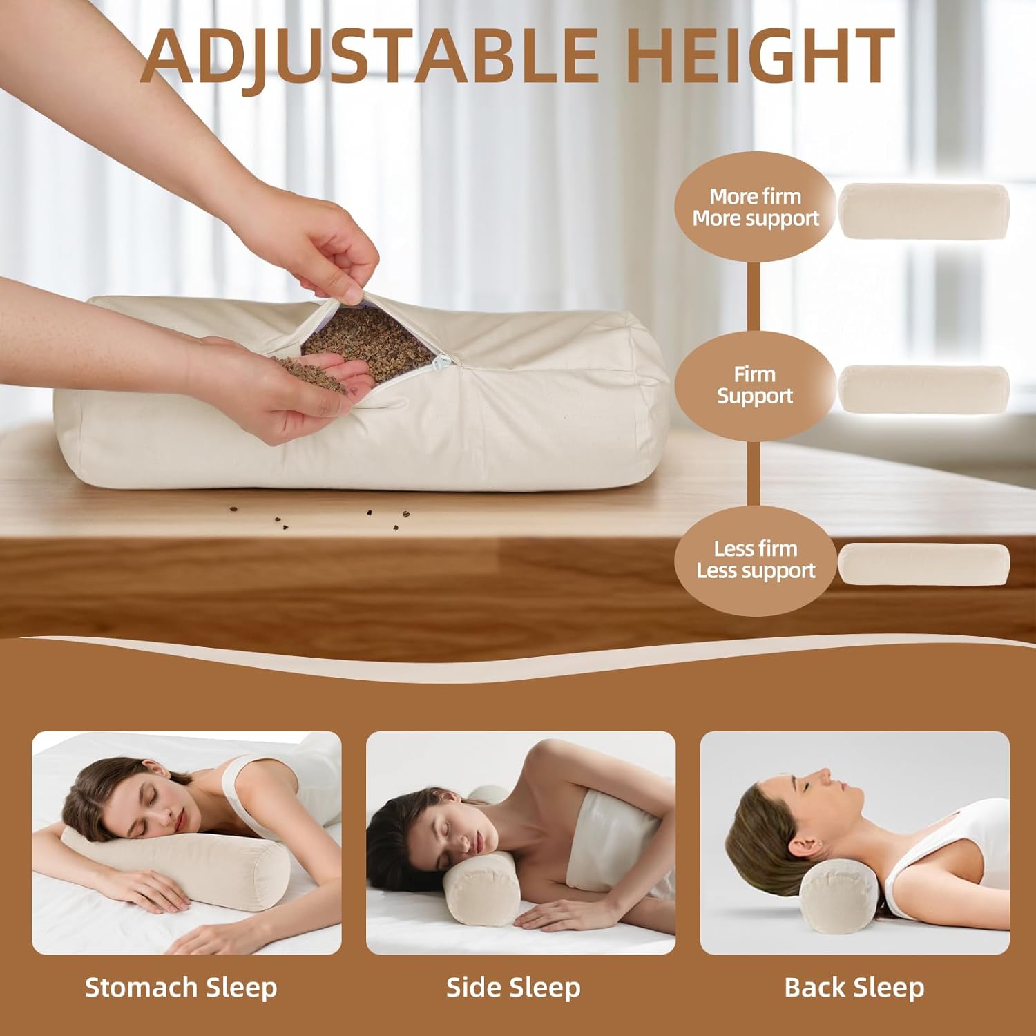 LOFE Buckwheat Pillow - Adjustable Buckwheat neck Pillow(17x6) to Provide Firm Support, Neck Roll Pillows for Side and Back Sleepers, Cylinder Bolster Pillows with Organic Pillowcase - Image 3