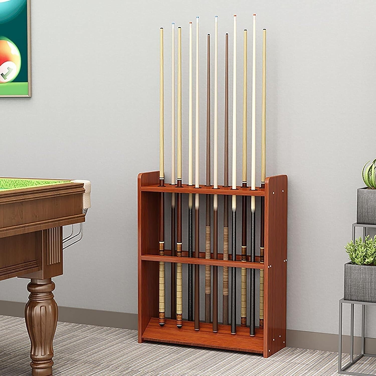 Teak Wooden Billiard Cue Rack Stand - Freestanding Pool Stick Holder for 12 Cues, Easy Assembly, Space-Saving Design for Home & Club Use