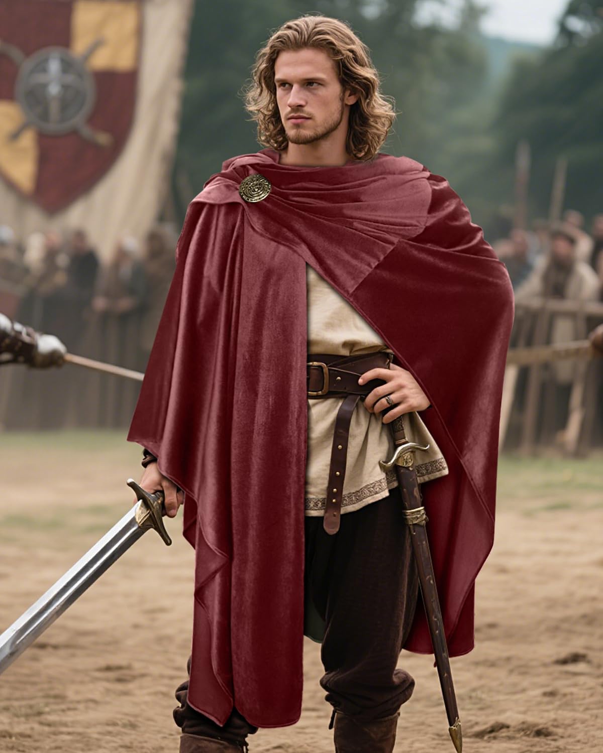 Joukavor Renaissance Cloak with Medieval Brooch - Ren Faire Hooded Cape for Halloween Cosplay Fantasy LARP - Image 2