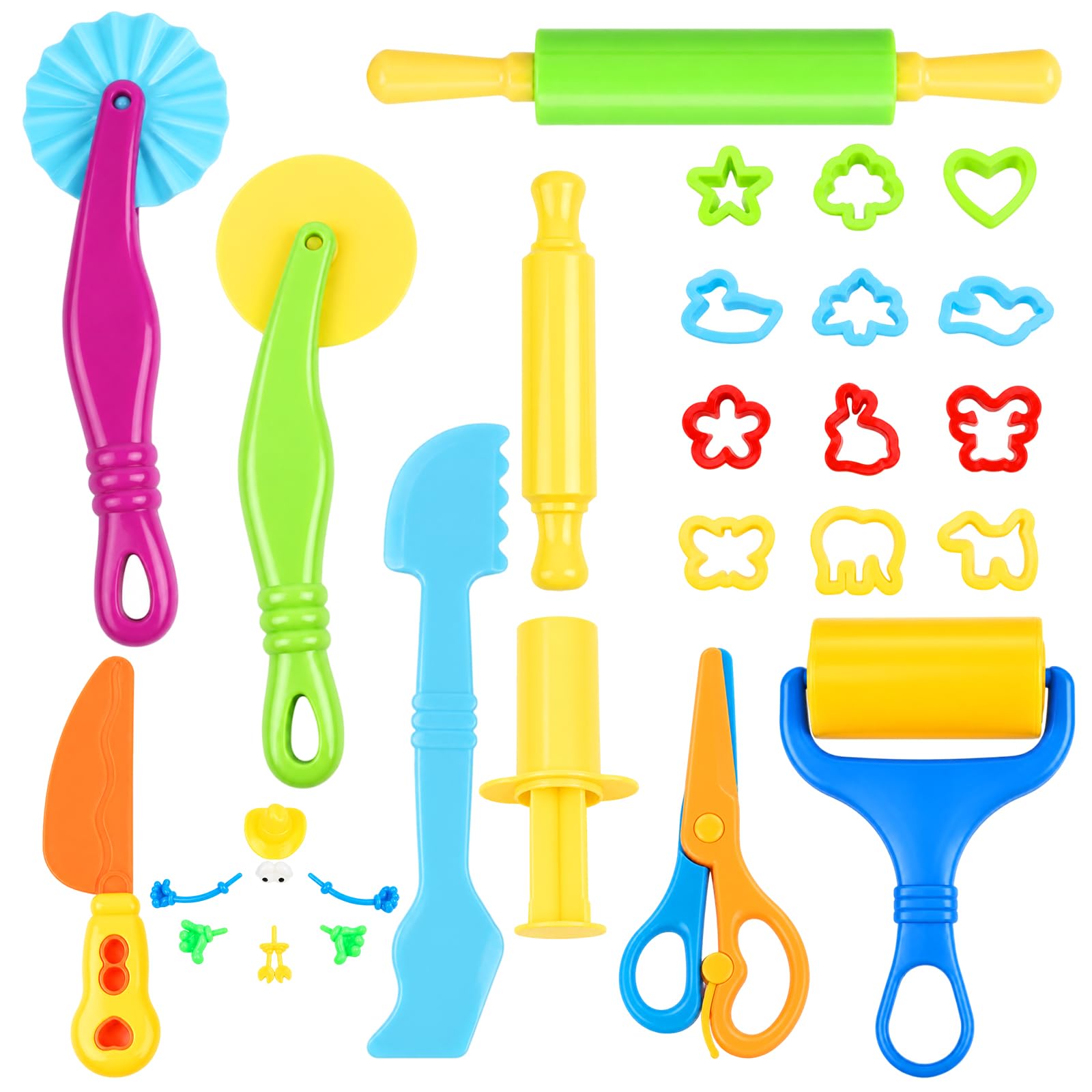 28Pcs Play Dough & Modelling Clay Tools Kit for Children, Play Dough Tool Set with Animal Cutters, DIY Rollers, Safety Scissors & Extruder, Play Dough Accessories for Toddlers Aged 2+