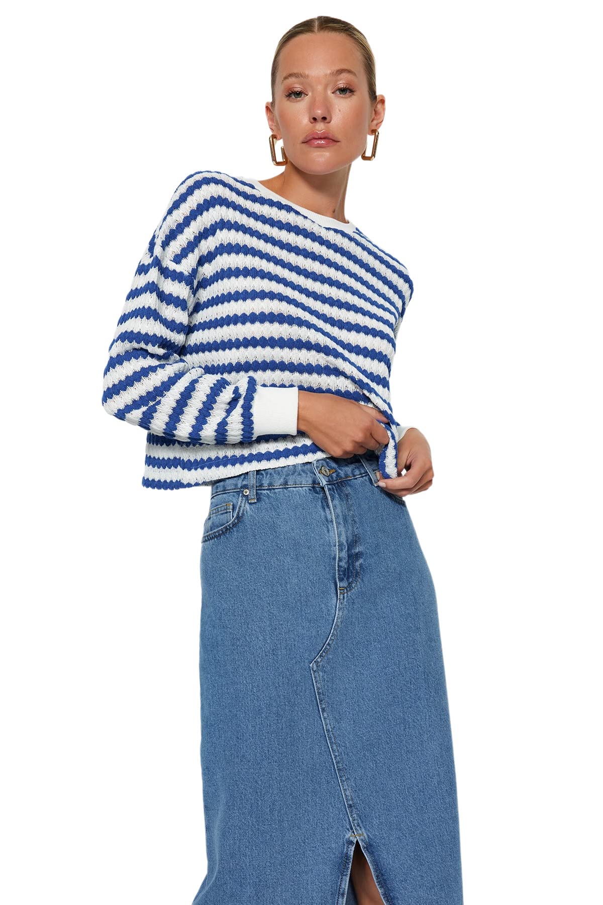 Trendyol FeMan Regular fit Basic Crew Neck Knitwear Sweater,Blue,S