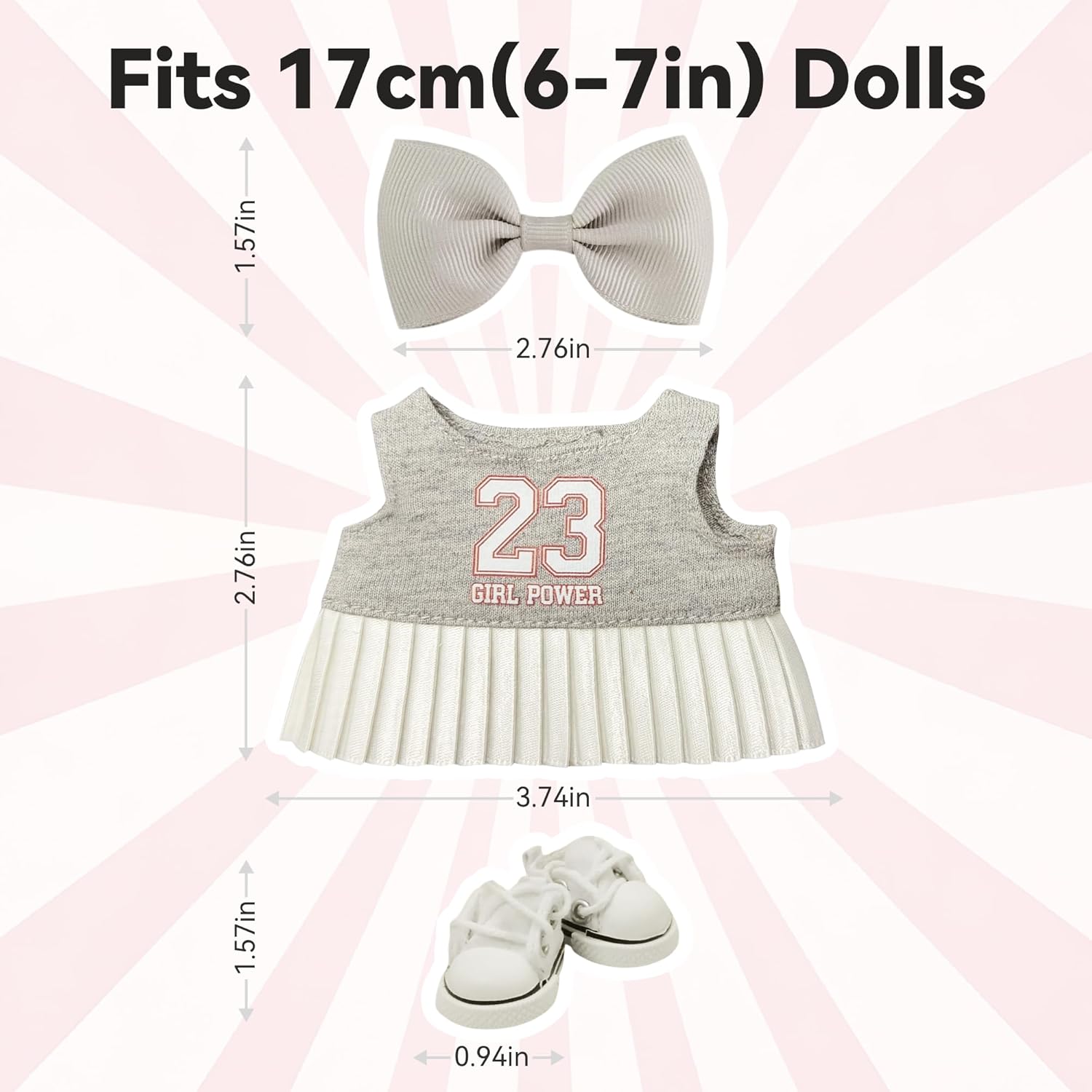 Cheerleader Preppy Style for LABUBU Clothes or LABUBU Outfits , 3-Piece Varsity Style Dress Set with '23' Characters, Bow & Canvas Sneakers