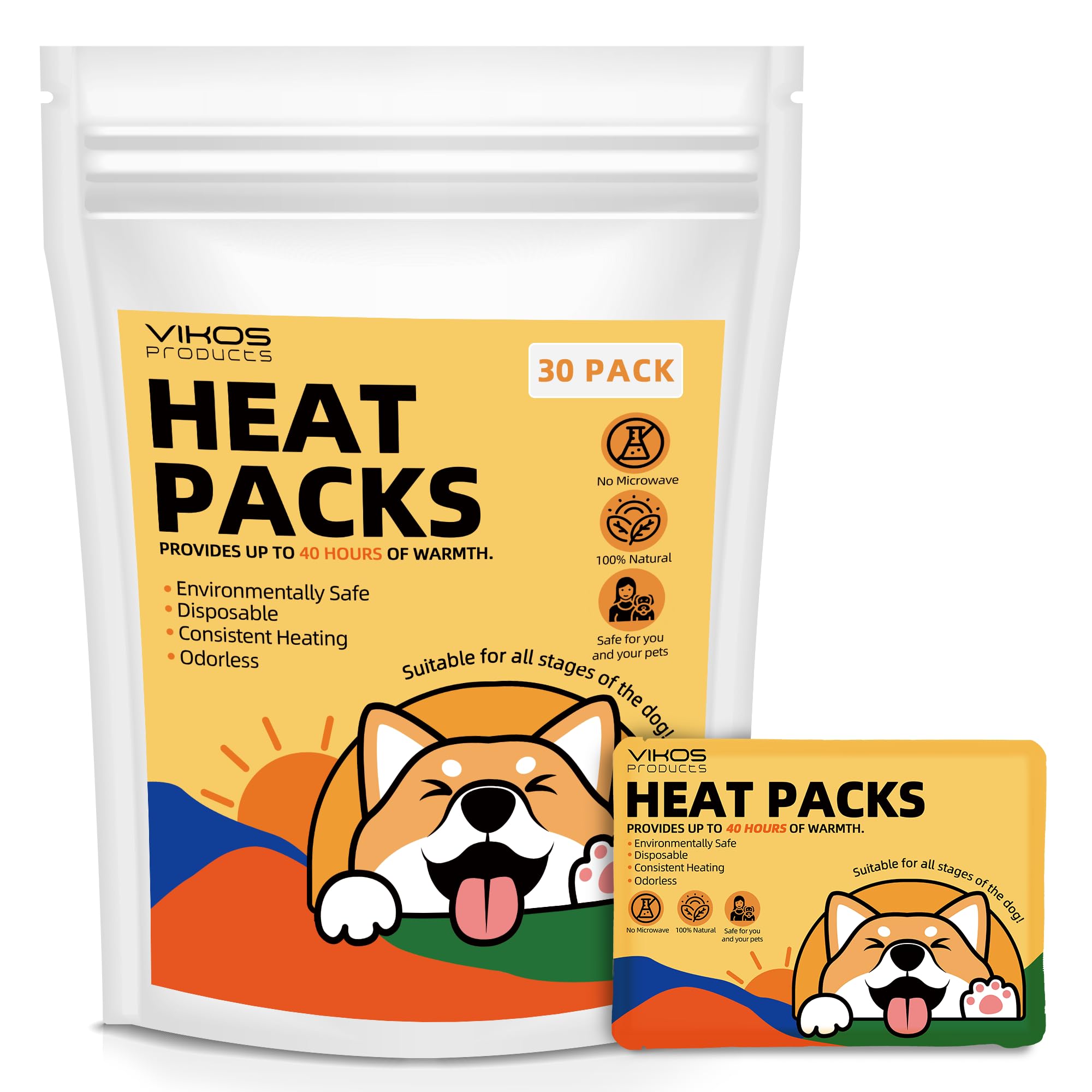 VIKOS Products (30-Pack Upgraded Heat Packs for Newborn Puppy, Anxiety Dog Toys Replacement Heat Packs, Disposable Puppy Warmers - Lasting for Approximately 40 Hours