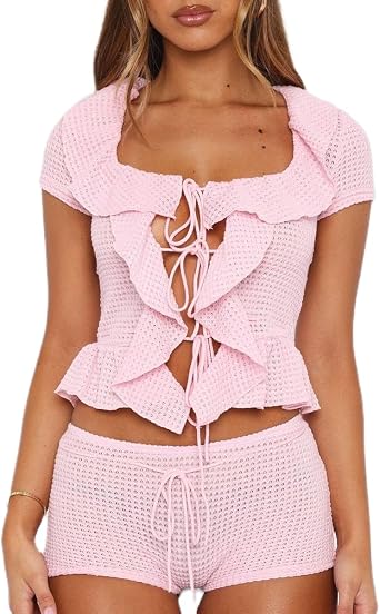 DSORVICD Women Boho Crochet Knit 2 Pieces Outfits Y2k Tie-up Hollow Out Shirts Ruffle Hem Slim Shorts Cover Up Beachwear