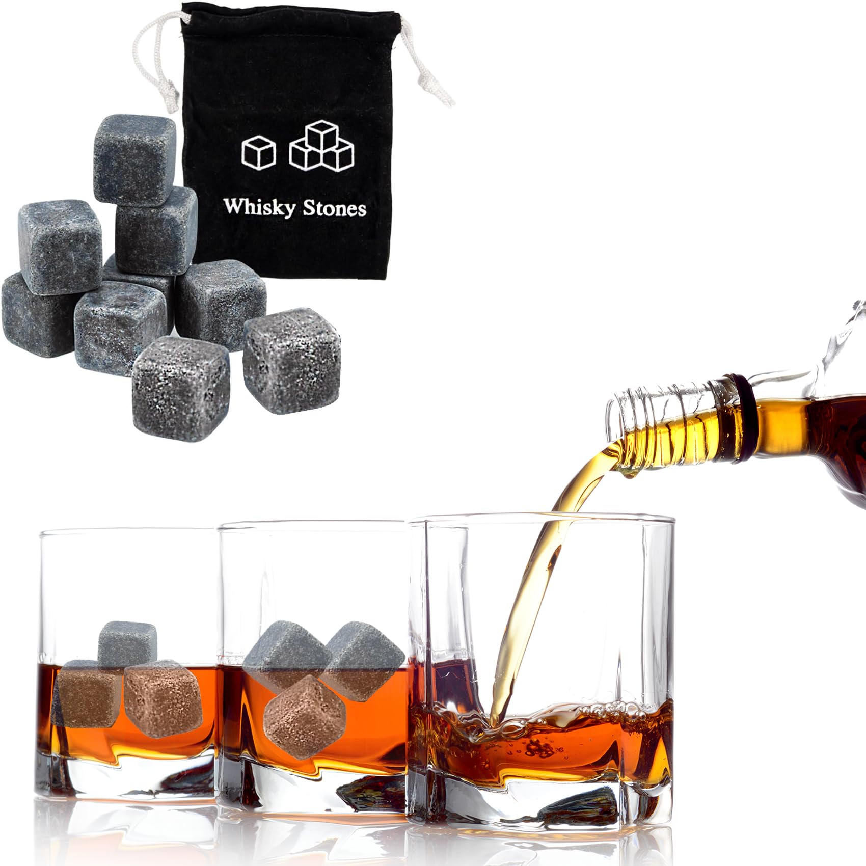 9 Stück Whisky Steine,Premium Whiskey Rocks,Eiswürfel Steine,Wird mit Praktischer Stofftasche Geliefert,Natürliche Wiederverwendbare Eiswürfel,für Whiskey,Wodka,Gin & Mehr(2025)