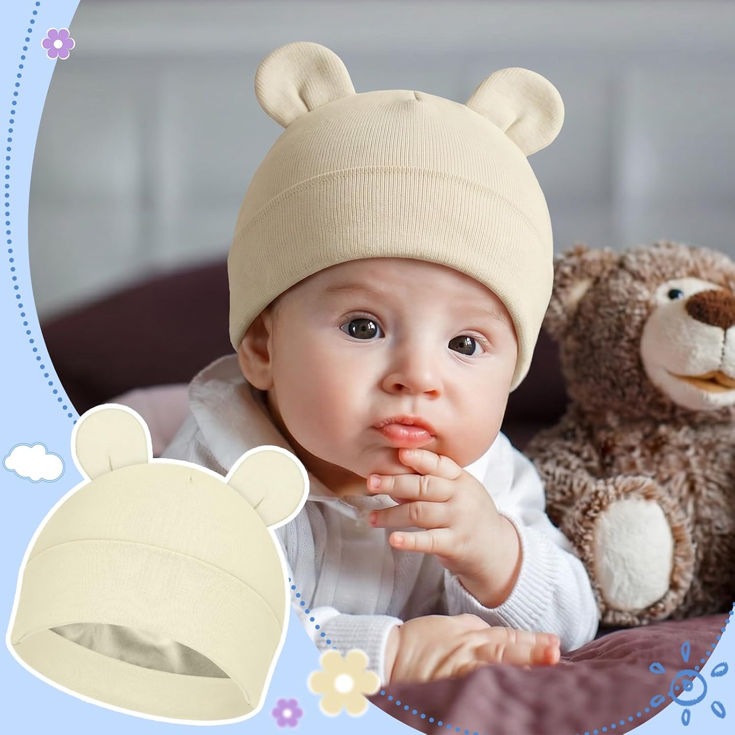 Shihanee 6 Pcs Satin Lined Newborn Hats Bonnet 0-6 Months