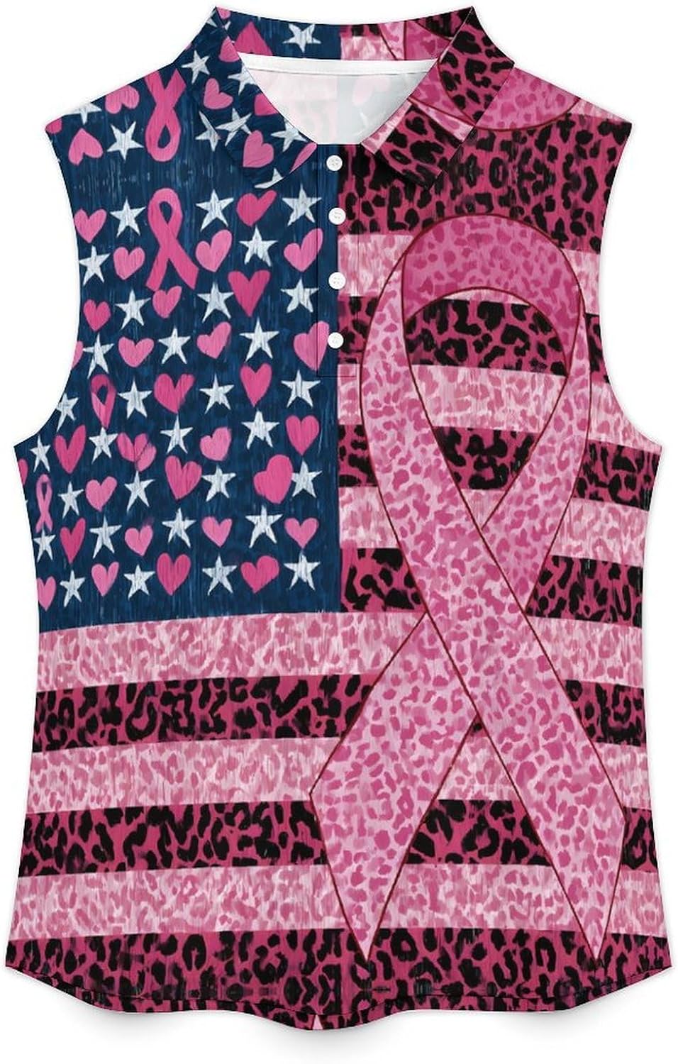 Breast Cancer Awareness U.S. Flag Women Sleeveless Collared Golf Polo Shirt | V Neck Tank Top,Breathable Tennis Shirts