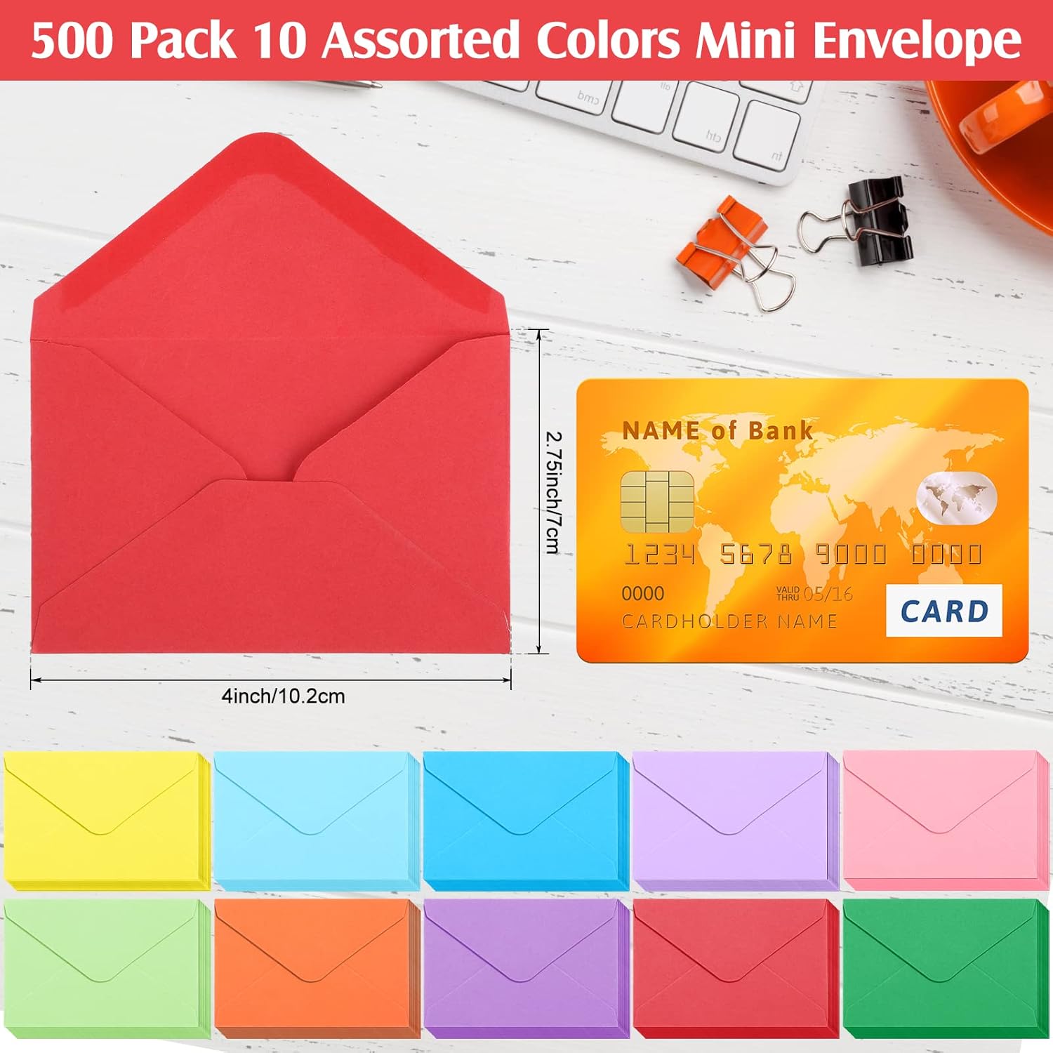 500 Pcs Gift Card Envelopes Credit Card Size 4x2.75 Inches Mini Envelopes Bulk Colorful Tiny Envelope for Business Cards, Small Notecards, Self Adhesive, 10 Assorted Colors