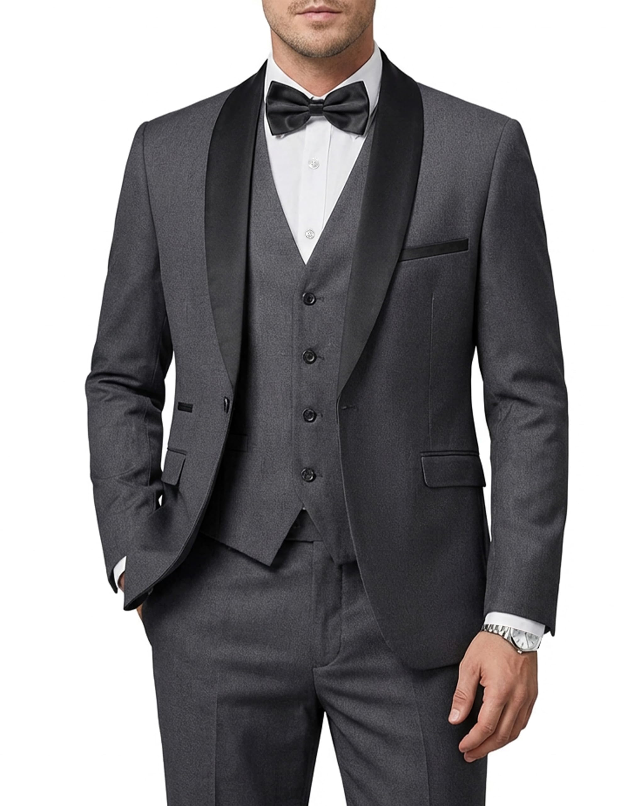Hihawk Mens 3 Piece Tuxedo Set with Bow Tie, One Button Shawl Lapel Jacket Vest Pants, Slim Fit Suit Party Wedding Prom Tux