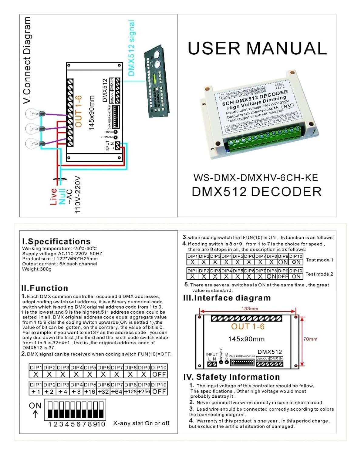 AC110V - 220V High Voltage Dimming 6-Channel DMX512 Decoder 6-Channel DMX 4A/CH HV Board for Led Stage Lights