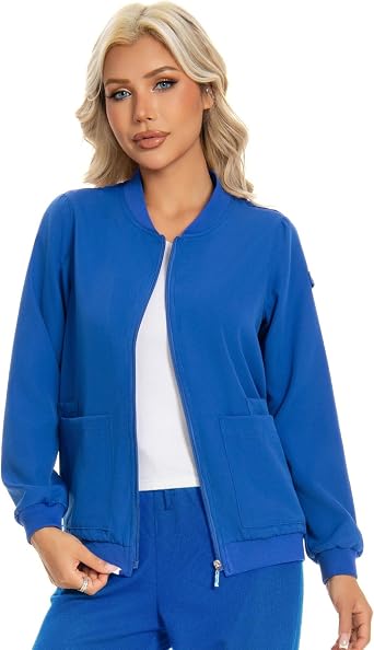 Scrub Jackets for Woman, Zip Front Nurse Jacket, 4-Way Stretch Fabric with Four Pockets