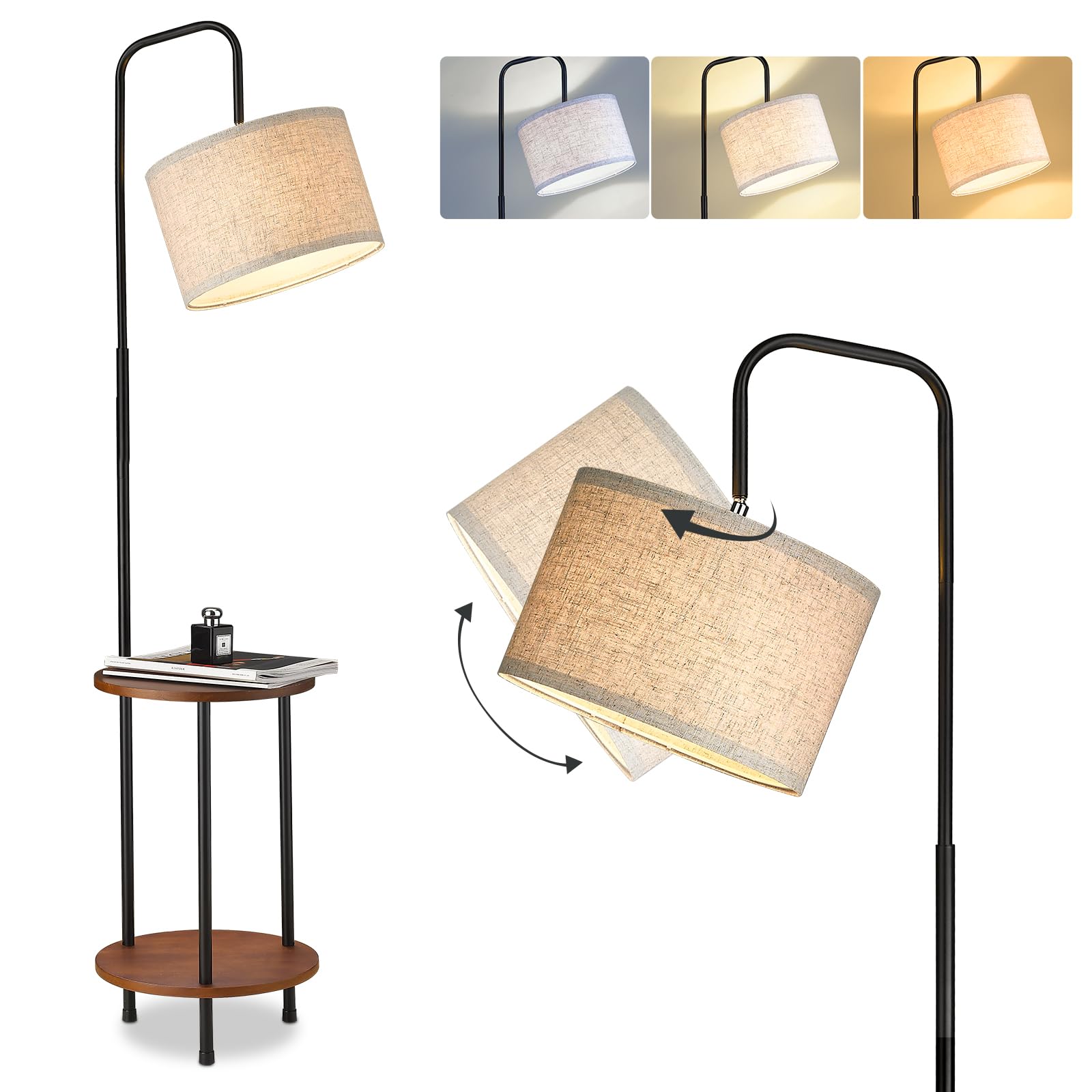 ELYONA Modern Floor Lamp with End Table, 3-Color Temperatures Solid Wood Side Table Lamp with Adjustable Drum Shade, Rustic Reading Standing Light for Bedroom, Living Room, LED Bulb Included, Brown