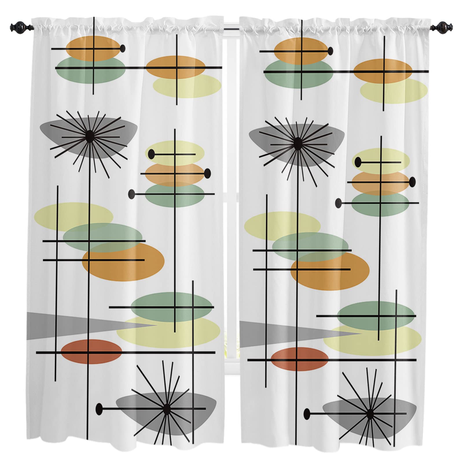 Window Curtain Panels Set of 2, Mid-Century Pattern Rod Pocket Curtain Drapes for Kitchen Bedroom Living Room, Machine Washable Drapery Window Valances, 52x72inch, Modern Ovals