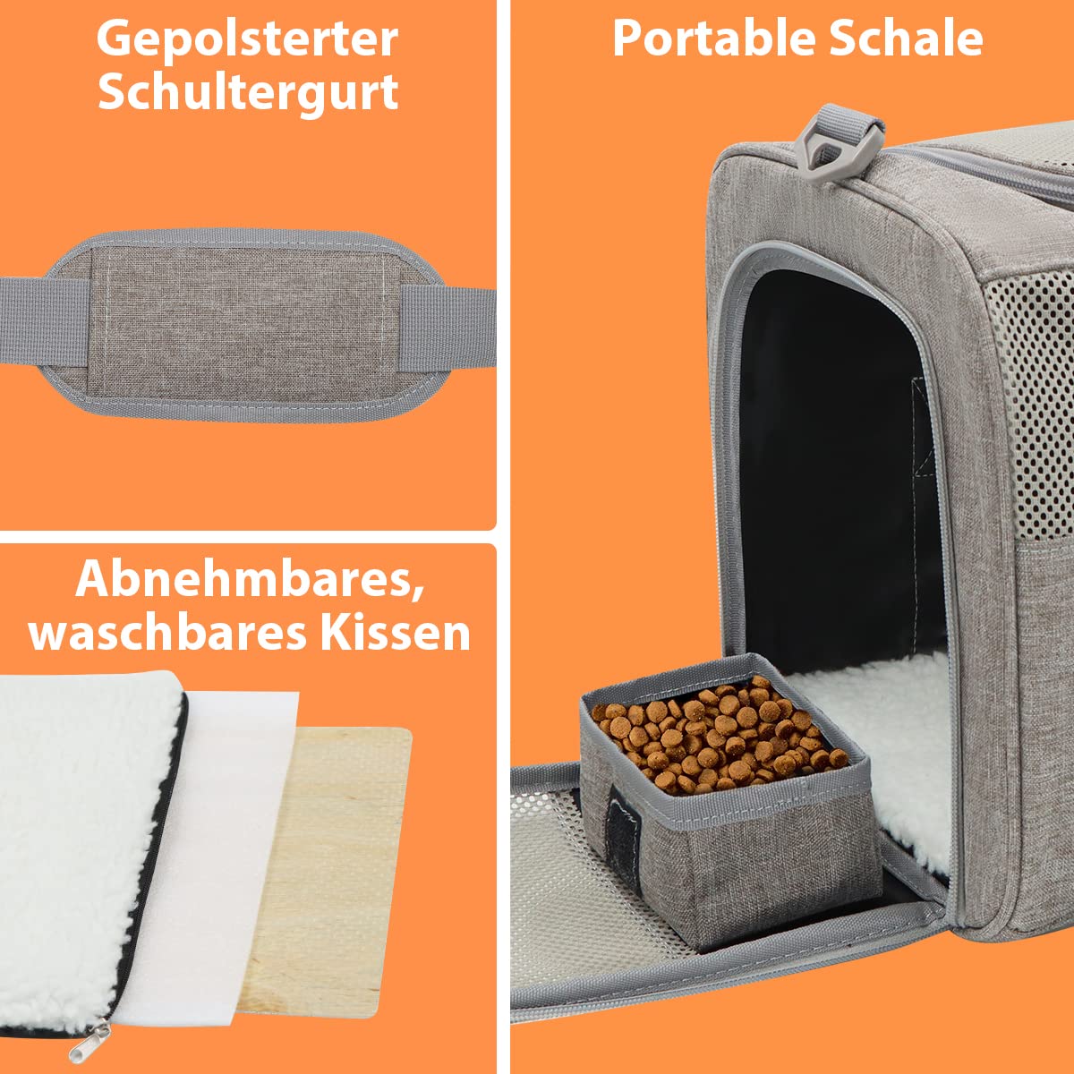 Vailge Transporttasche für Mittlere Katze Kleine Hunde Haustiere bis 6kg/13lbs, inkl. Napf und Schultergurt, Für Tierarztbesuche und Reisen, Airline Zugelassen(Grau, Medium)