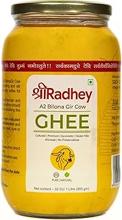 SHREE RADHEY A2 Bilona Gir Cow Ghee | 1 Litre | Traditional Bilona Method | Cultured | Premium | Immunity Booster | Pure | Natural | Healthy | Lactose and gluten free | Keto Friendly | Glass Bottle