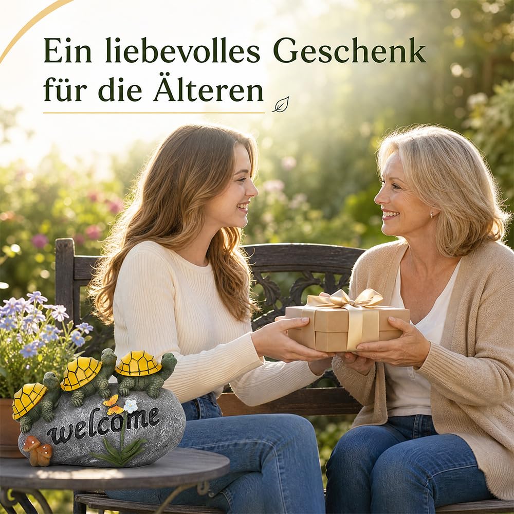 Shildkröte Deko Solar, Solar Gartenfigur Schildkröte, Gartenfiguren für Draußen Wetterfest mit 3 LED Lichtern für Mama/Frauen, Balkon Teich Terrasse Deko