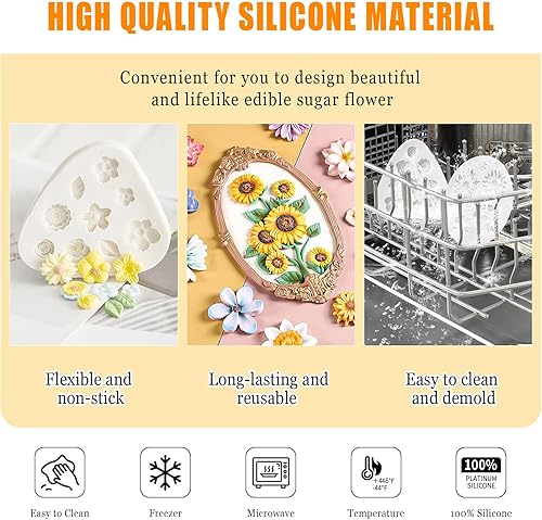 Vista 3 de KALAIEN 3 moldes para pastel de fondant de flores, margarita, flor de rosa, pequeño floral para fondant de chocolate, arcilla polimérica y jabón