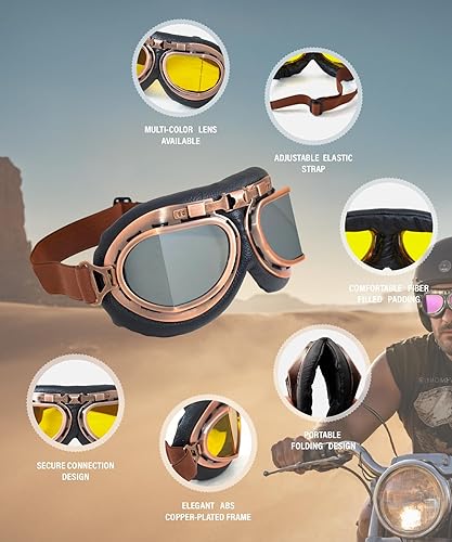 Miniatura 3 de Gafas de motocicleta estilo aviador vintage estilo piloto motocicleta crucero scooter gafas para hombre, mujer, adulto