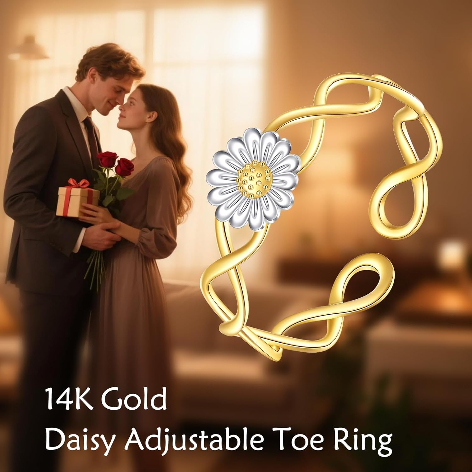 14K Solid Gold Daisy Toe Ring for Women, 14kt Real Gold Adjustable Open Toe Band Rings Summer Beach Foot Fine Jewelry Gifts for Mom Nana Christmas, Adjustable Size 4