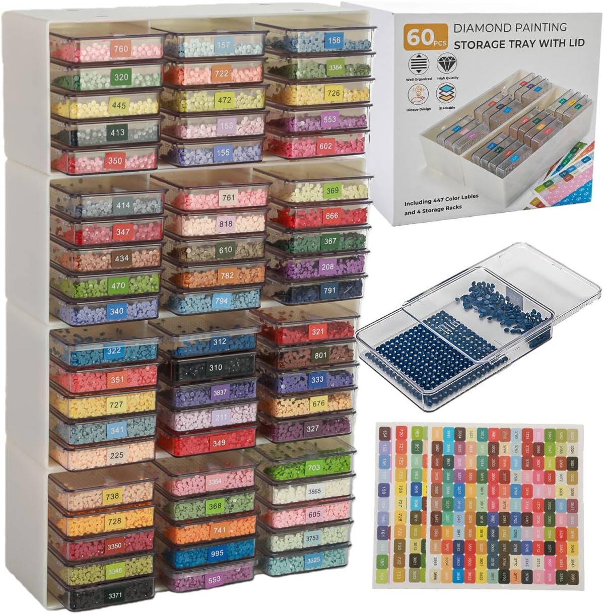 60 Piece Set of Diamond Painting Storage Containers, 2-in-1 Diamond Painting Trays and Racks, Diamond Art Accessories, Diamond Art Diamond Storage