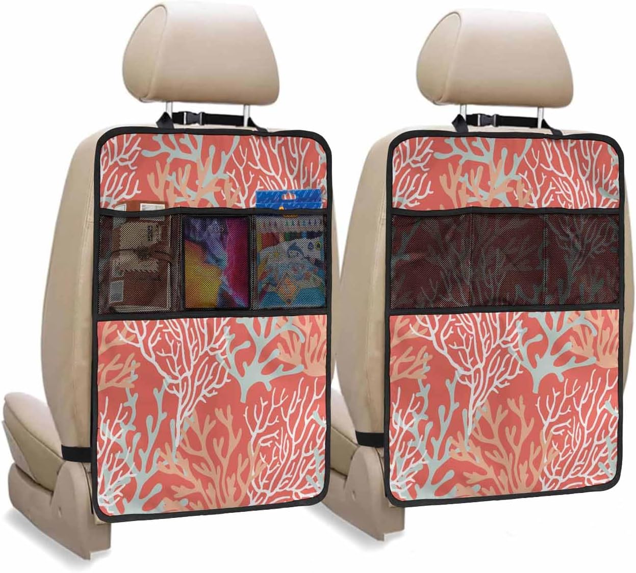 T&H XHome Car Seat Protector, 2 Pack Kick Mats Back Seat Protector Summer Gradient Red Ocean Coral Coastal Waterproof Backseat Cover for Kids Universal Fit Automotive Interior Protectors