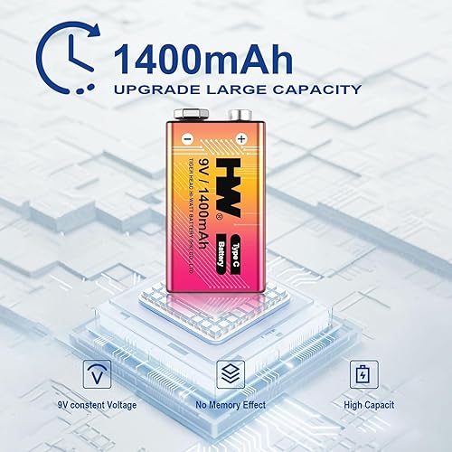 Miniatura 2 de HW Paquete de 4 baterías de 9 voltios, batería de litio recargable de 1400 mAh de 9 V con cable de carga rápida USB C, baterías cuadradas de más