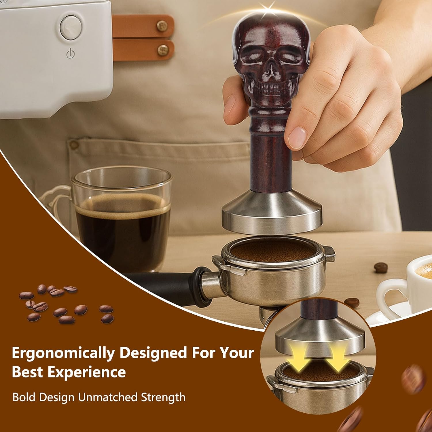 53.3mm Espresso Tamper for 54mm Portafilters, Coffee Hand Tamper with Weighted 304 Stainless Steel Flat Base & Ebony Wood Skull Handle, Espresso Tool for Home Baristas