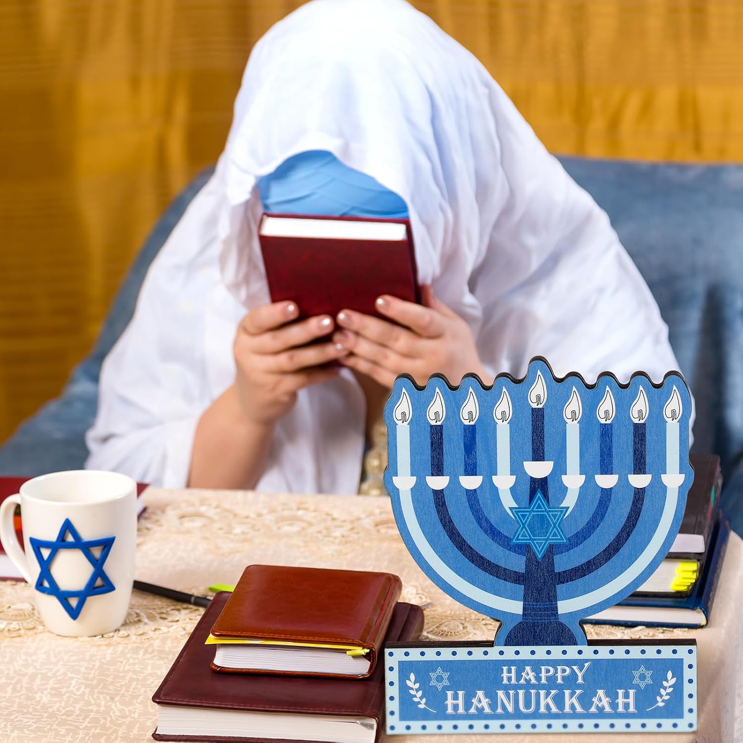 Lineshading Hanukkah Table Decoration Wooden Hanukkah Table Centerpiece Wood Menorah Sign Party Decor Jewish Party Supplies