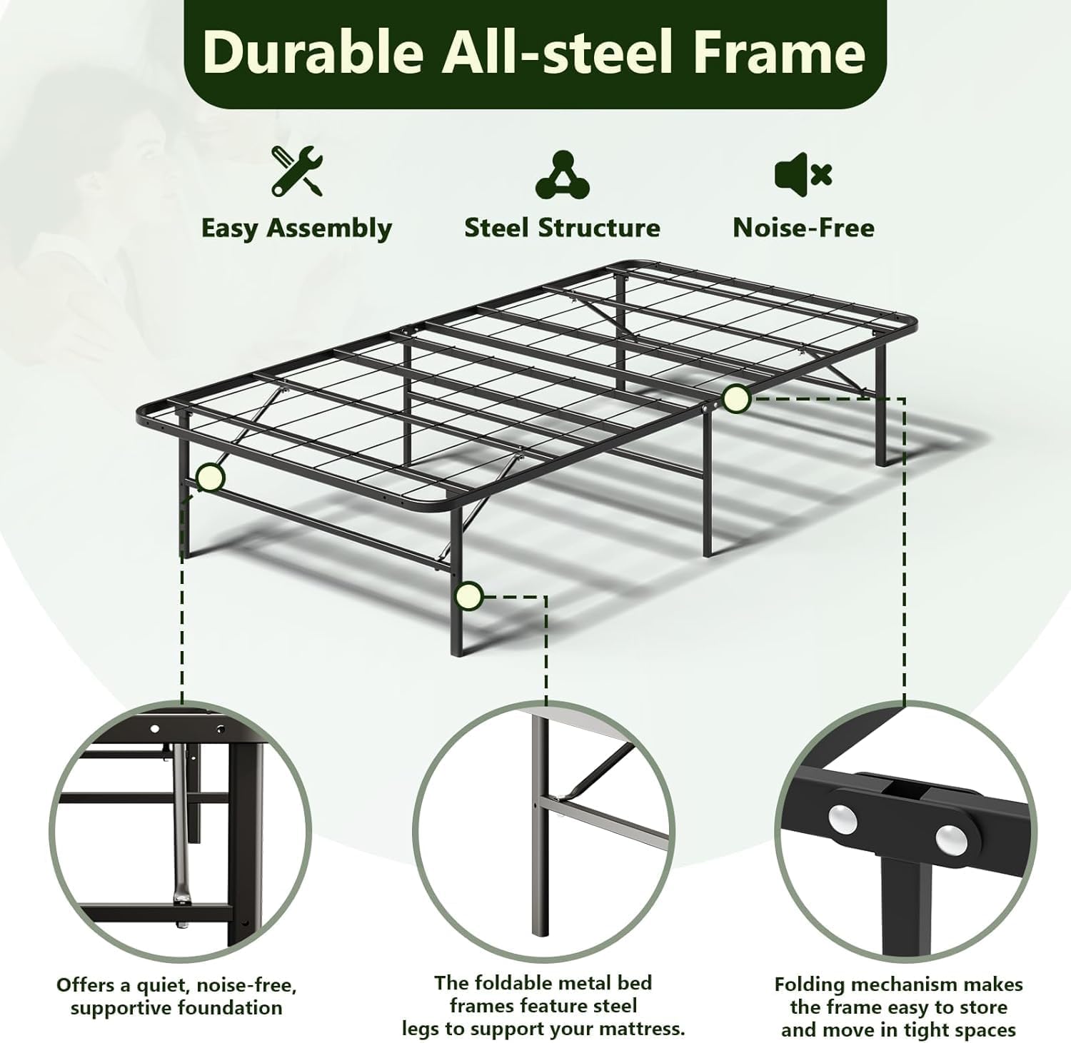 Twin Foldable Bed Frame, 14 Inch Metal Platform, No Box Spring Needed, Tool-Free Assembly, Portable Folding Twin Bed Frames for Apartment, Guest Room, or Dorms