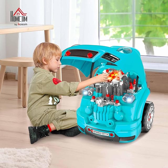 Foto 2 de 8 de HOMCOM Motor de Camión para Niños de +3 Años 61 Piezas 40x39x47 cm Turquesa