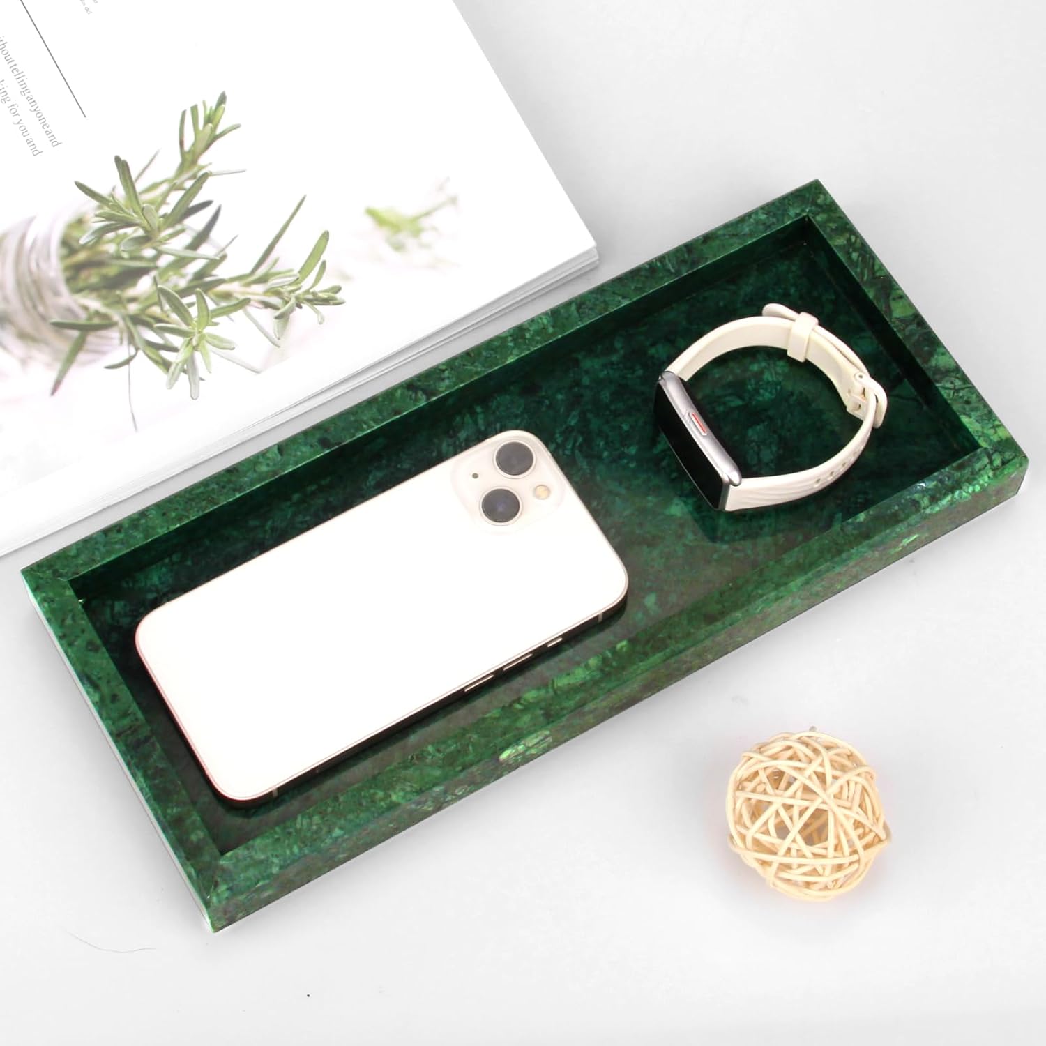 Marble Bathroom Vanity Tray,Luxury Natural Stone Small Decorative Tray,Soap Dispenser Dresser Top Perfume Home Kitchen Toilet Tank Sink Tray for Soap Bottles, Key Trinket Ring Tray(Green)