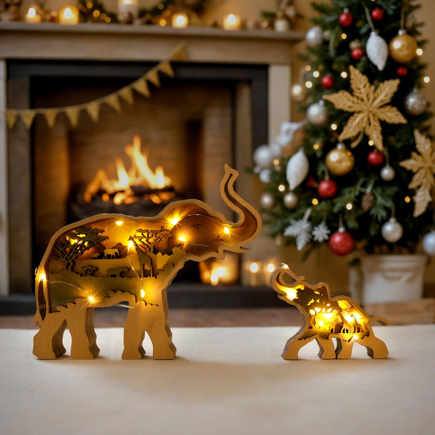 3D Wood Carving Animals Lamp Home Decorative, Cute Bear Family Elephant Presents Ideas Christmas Living Room Office Decor Warm LED Night Lights Gift for Friend Daughter Son Mom Dad (Elephant)