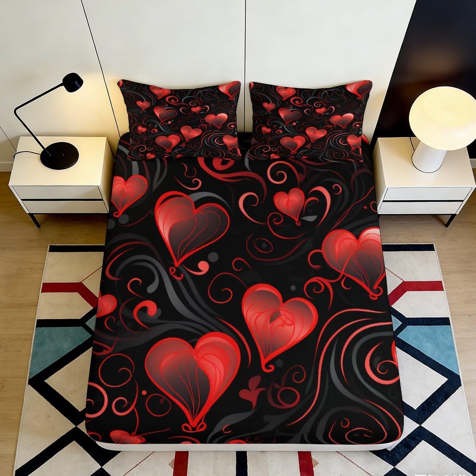 3D Printed Red Heart Swirl Fitted Sheet Microfiber Soft Black Romantic Love Bed Cover for Bedroom Dorm Decor 90x200x25cm