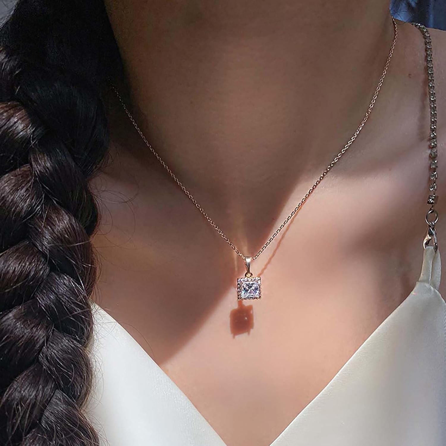 Andelaisi Boho Crystal Square Pendant Necklace Vintage Geometric Square Necklace Gold Cuba Choker Necklace Adjustable Paved CZ Square Chain Necklace Jewelry for Women - Image 2