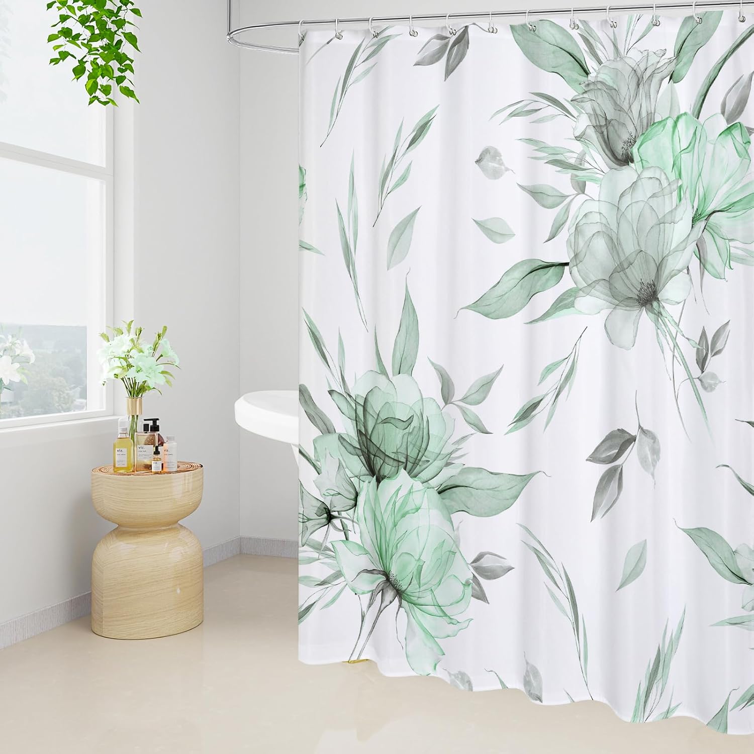 Litabel Green and Grey Boho Watercolor Floral Shower Curtain, Ink Painting Style Farmhouse Flower & Leaf Shower Curtains for Chic Rustic Bathroom, Artistic Fabric Cloth Shower Curtain, 72x72