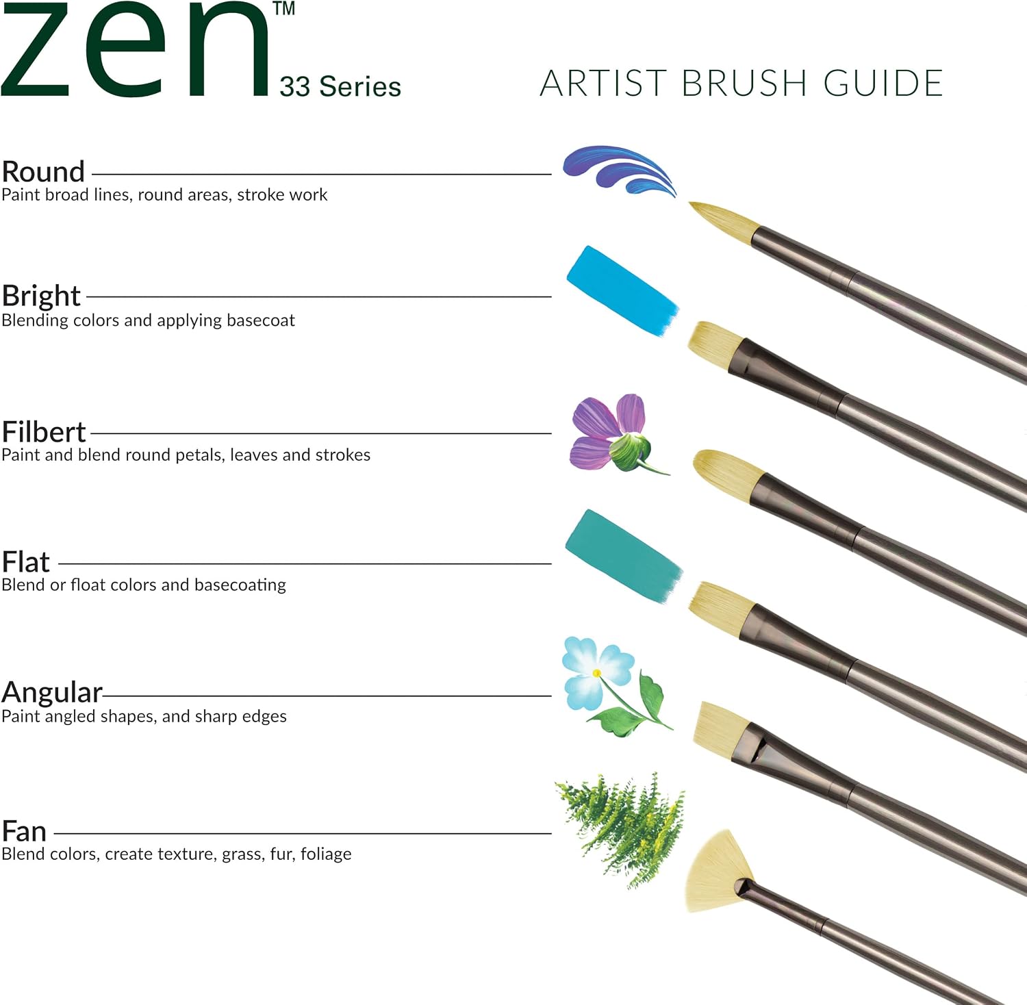 Royal & Langnickel Zen 5pc Long Handle Brush Set, Includes - Flat, Bright, Fan, Angular & Filbert Brushes