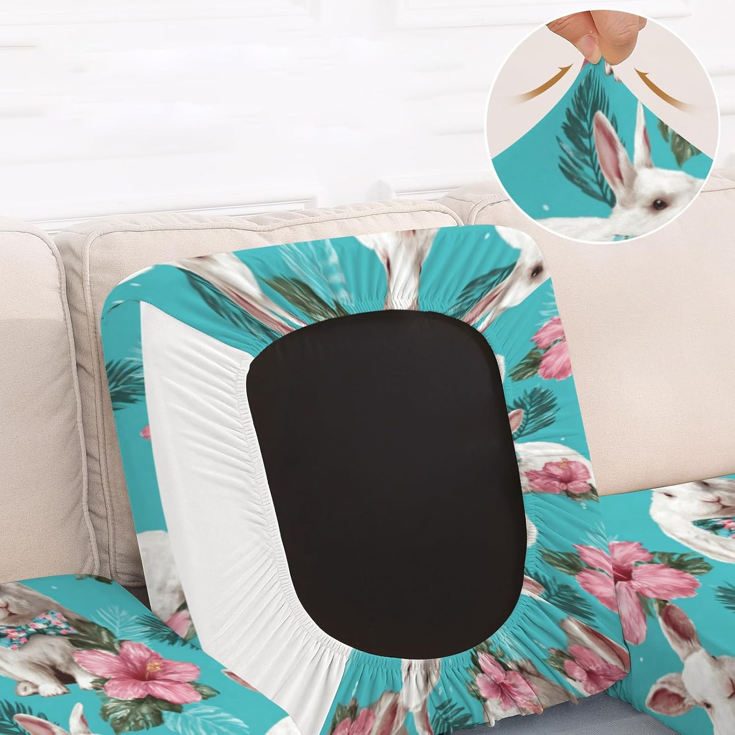 Bunny Blue Flower Loveseat Covers Couch Covers for 2 Cushion Couch, 2-Piece Stretch Sofa Slipcovers Anti-Slip Washable Furniture Protectors for Dogs Pets