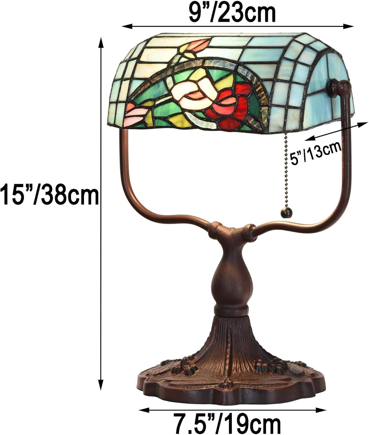 Flash Sale Bieye L10760 Rose Flower Tiffany Style Stained Glass Banker Desk Lamp, 9W x 15H, Red Green
