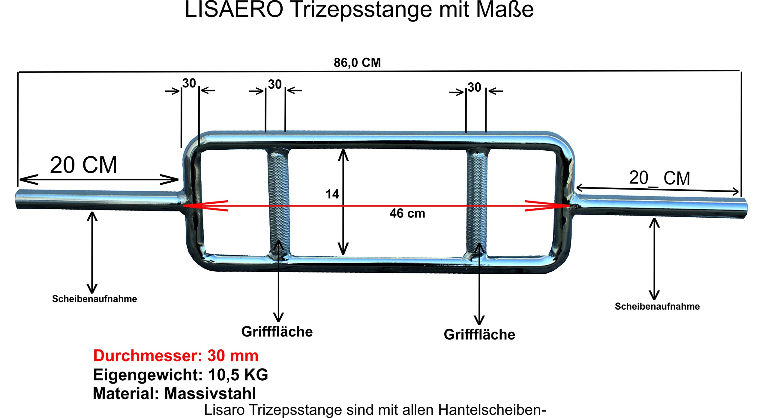Lisaro - Barra para tríceps de 25 mm sin rosca de acero, incluye 2 Collar, tríceps, bíceps, barra de bíceps, barra de bíceps
