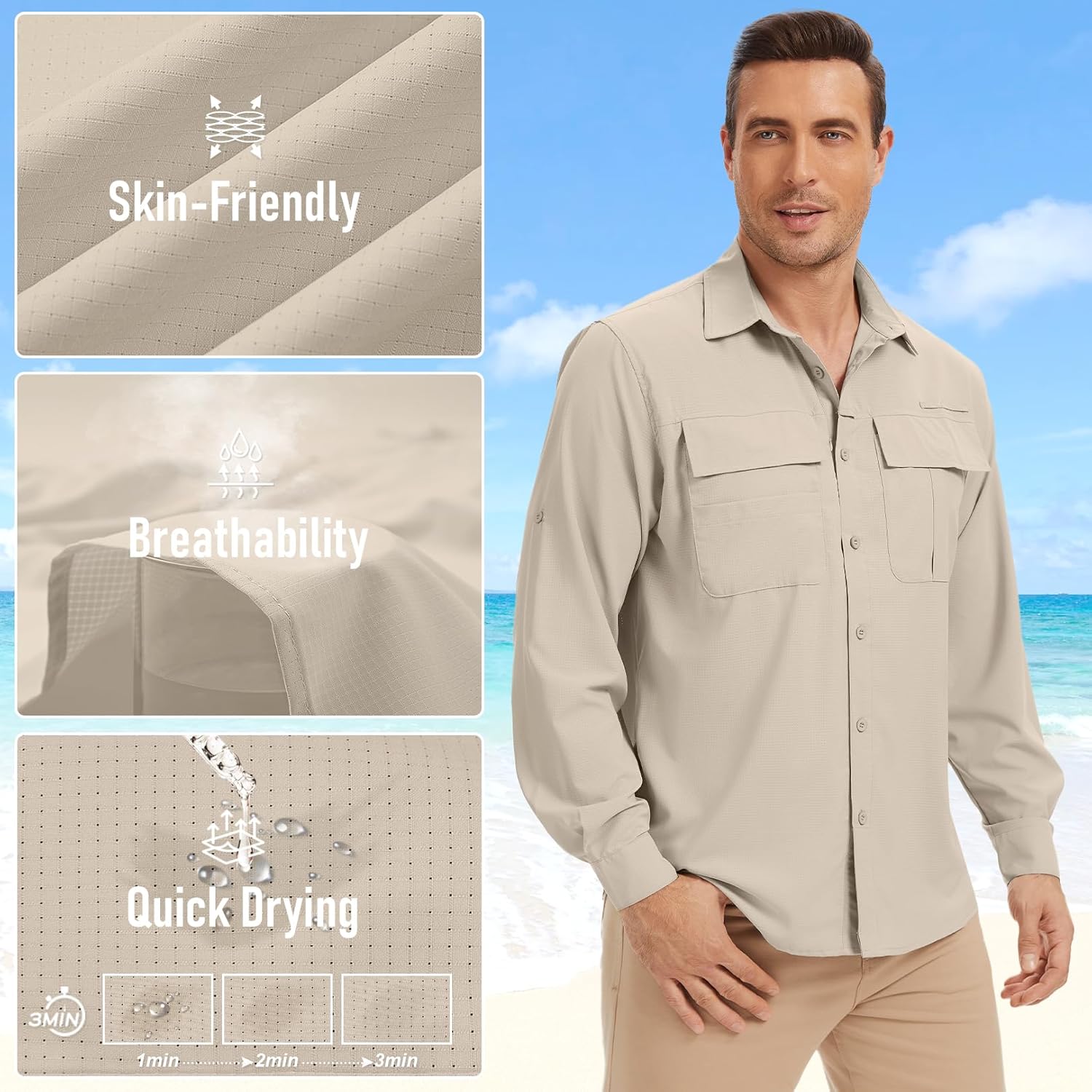 Men's Long Sleeve Fishing Shirts UPF 50+ Sun Protection, Quick Dry Work Shirts for Hiking Camping Safari