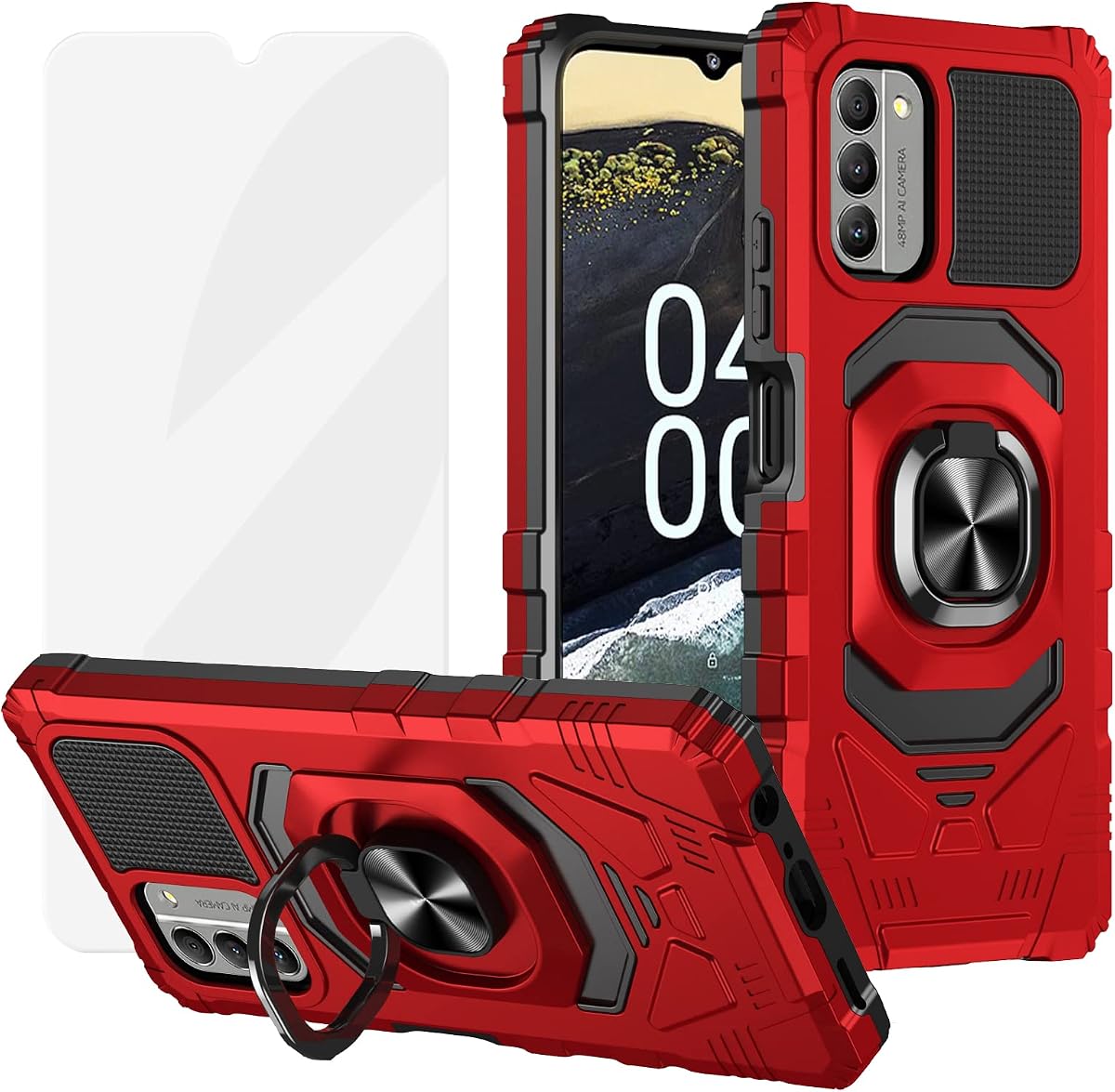 Ailiber for Nokia G400/N1530DL Stand Case, Screen Protector-Red | Flexible Stable Ring Kickstand Holder Military-Grade Drop Protection, Build-in Metal for Magnet Car Mount Armor Cover