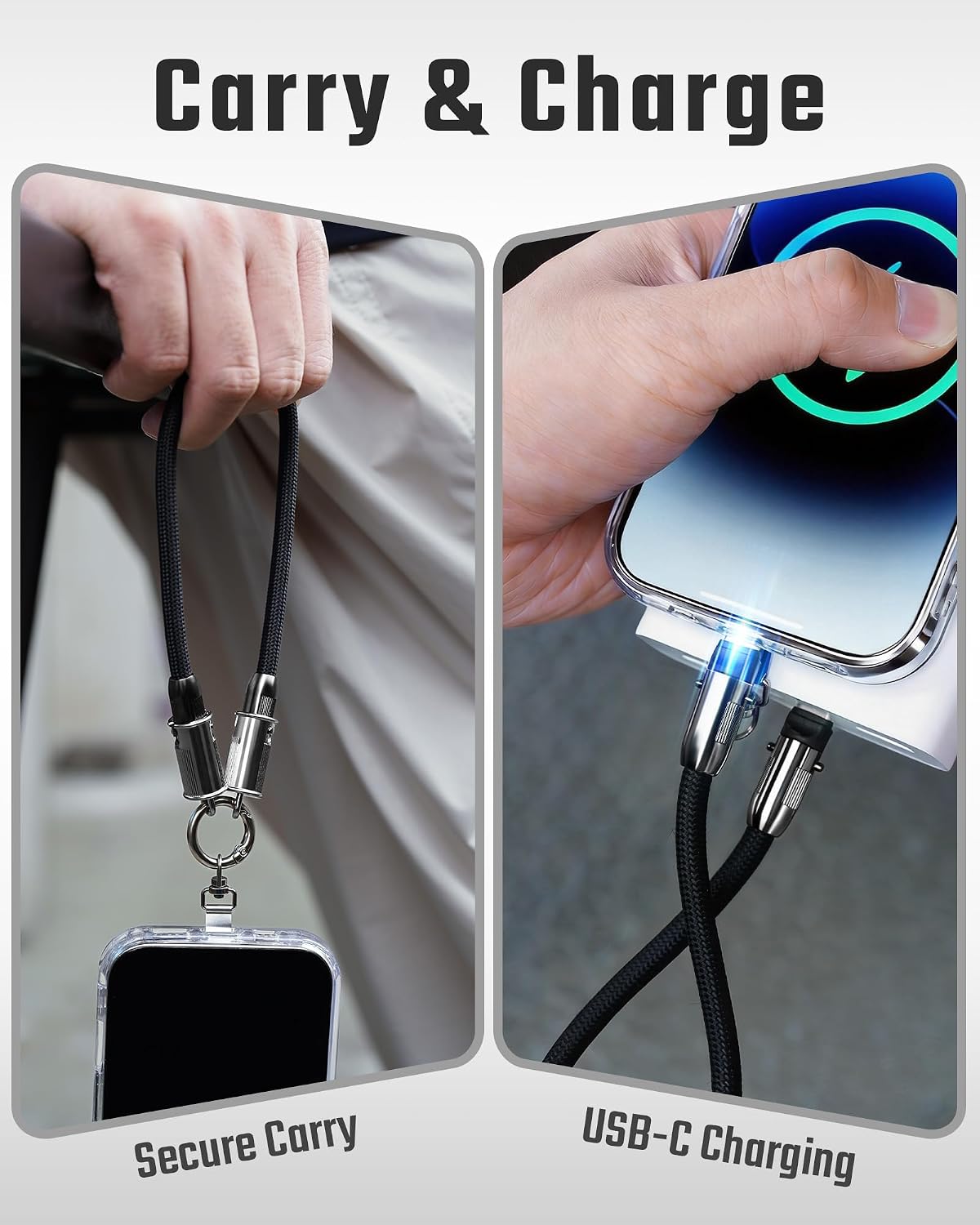 KeyUnity Phone Lanyard with USB C Charging Cable 2 in 1 Braided Strap Wrist and Crossbody Lanyard Universal Phone Strap
