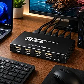Chaveador HDMI KVM Switch 2x1 4K 60Hz USB 1 Monitor 2 Computadores, Seletor de Switcher para Teclado Mouse Impressora, PC Notebook Laptop, Inclui Cabo Controlador para Alternar entre os PCs